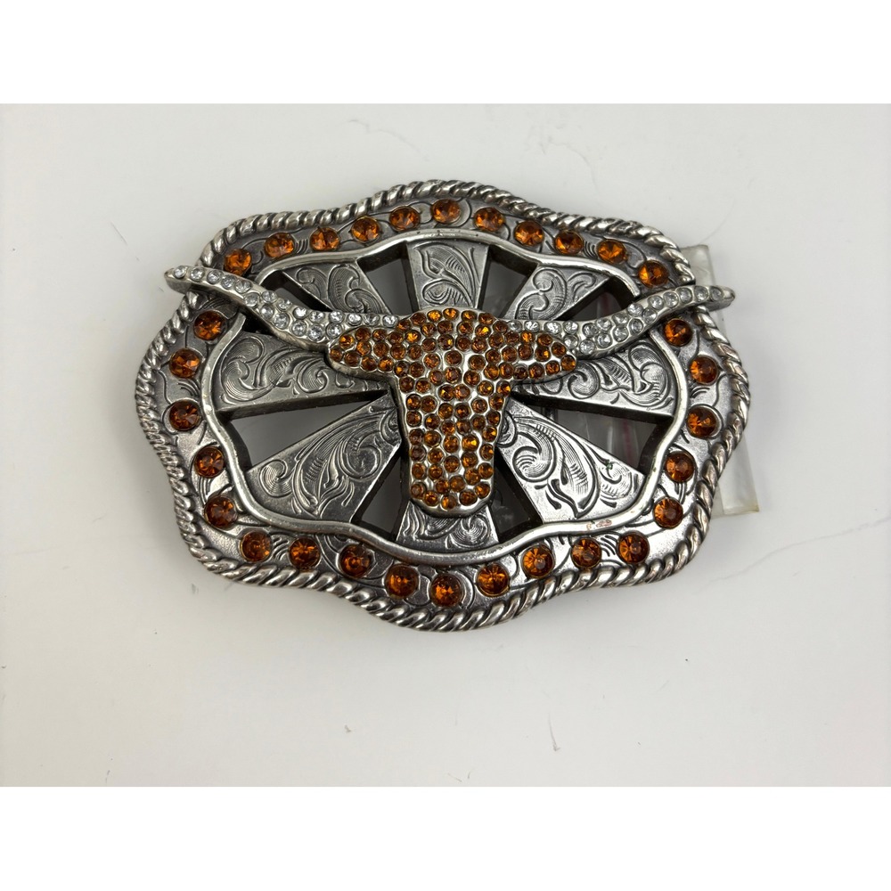 Western Longhorn Steer Belt Buckle Rhinestone Orange Silver Tone 105g Enmon